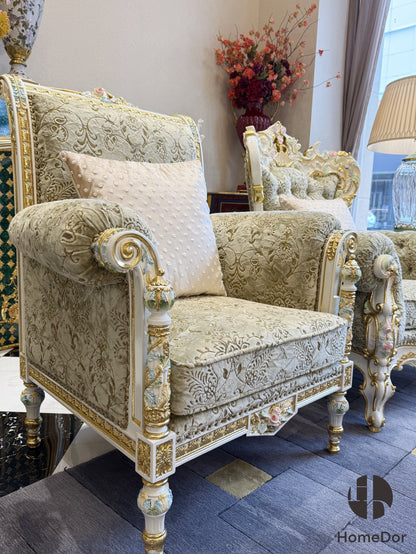 طقم أريكة رويال فرينش روز من خشب الماهوجني الأخضر الجنّي المنحوت يدوياً من هوم دور × إف إتش آند هوم