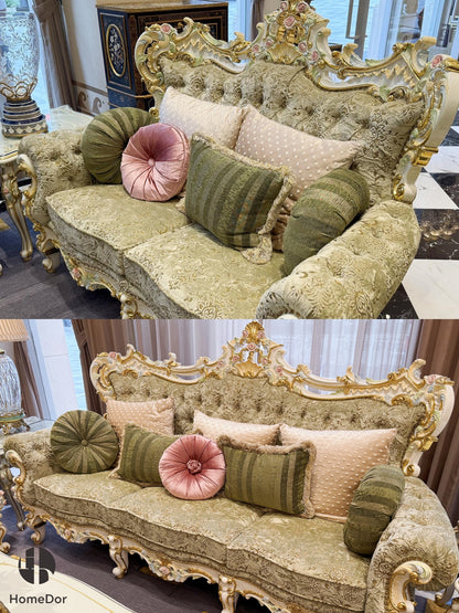 طقم أريكة رويال فرينش روز من خشب الماهوجني الأخضر الجنّي المنحوت يدوياً من هوم دور × إف إتش آند هوم