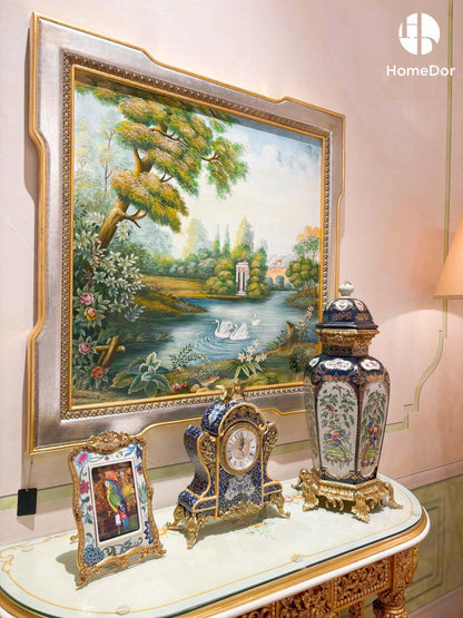 HomeDor - Cuadro decorativo de pared con paisaje de lago sereno y marco con borde de cobre