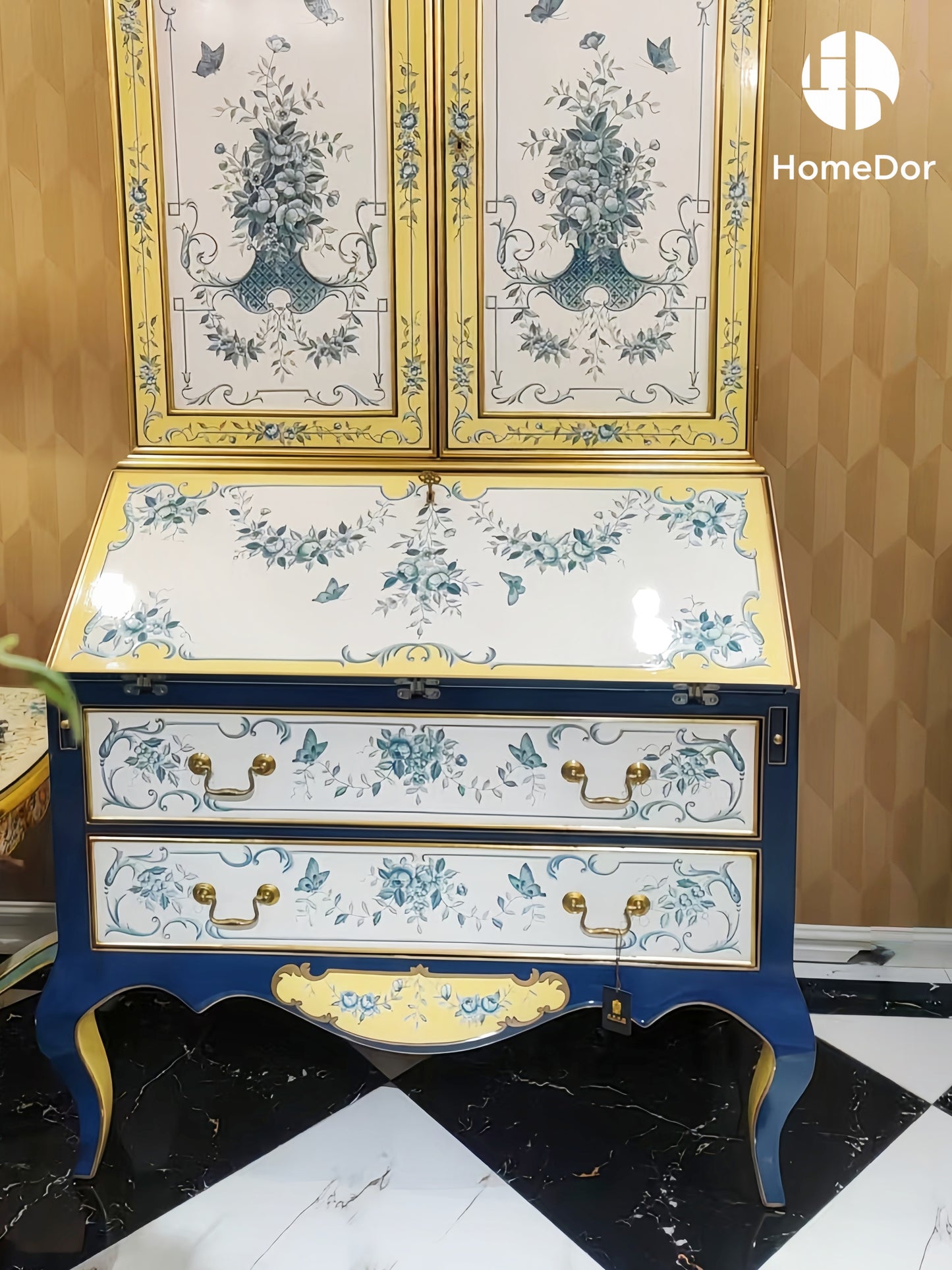 HomeDor × FH&amp;Home | Librería secretaria sofisticada con diseño floral azul y blanco