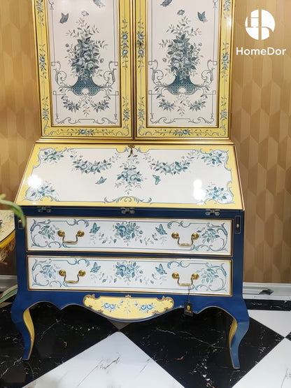 HomeDor × FH&amp;Home | Librería secretaria sofisticada con diseño floral azul y blanco