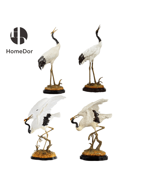 Sophisticated Ceramic Crane Figurine/ Decorative Table Set with Brass Bases