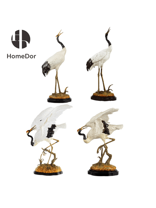 Sophisticated Ceramic Crane Figurine/ Decorative Table Set with Brass Bases