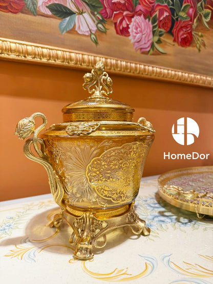 HomeDor Aurora Glass - Juego de flores grabadas en ámbar y dorado 