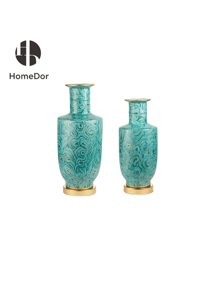 Turquoise Porcelain Vases with Distinctive Golden Swirl Patterns and Unique Brass Base & Rim