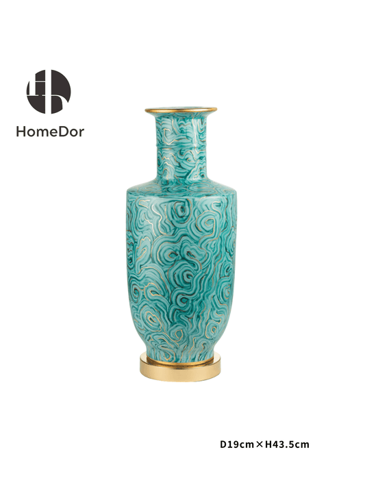 Turquoise Porcelain Vases with Distinctive Golden Swirl Patterns and Unique Brass Base & Rim3