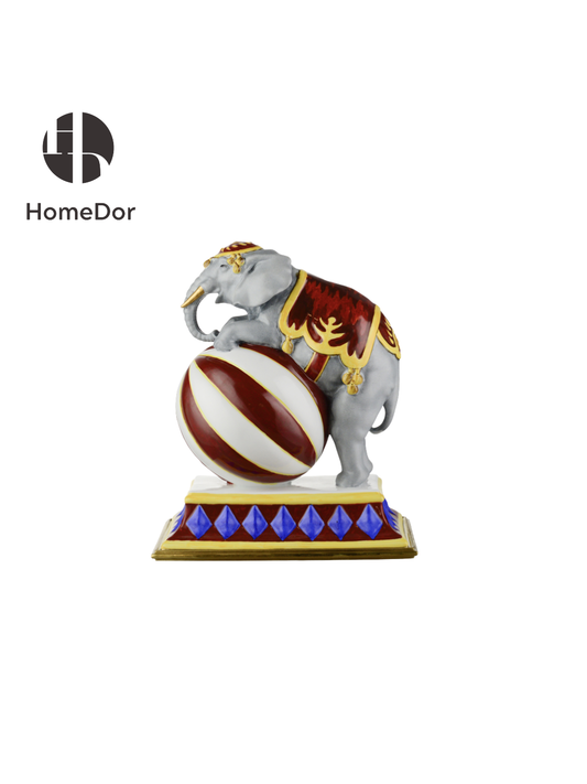 Vibrant Painted Ceramic Circus Elephant Ornament/Table Decor with Striped Ball