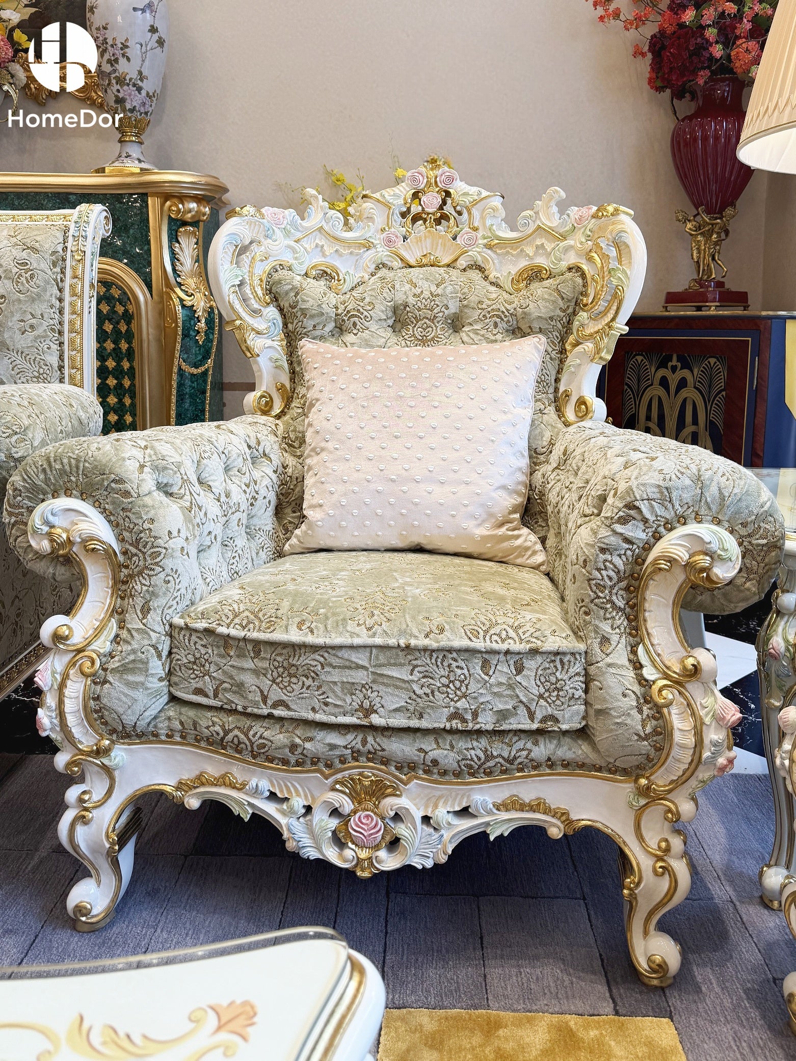 Victorian style velvet  accent chair set with carved wood
