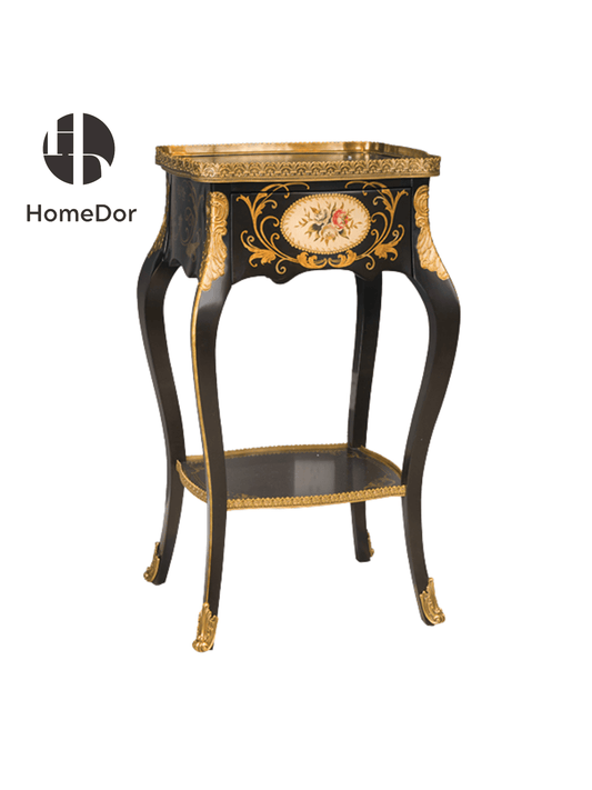 Vintage - Inspired Black Side Table with Gold Accents & Floral Motif