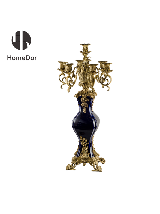 Vintage Art Deco Brass Embellished Ceramic Multi Branch Candelabra
