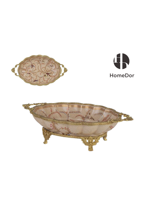 Vintage Bird Pattern Porcelain Brass Serving Tray