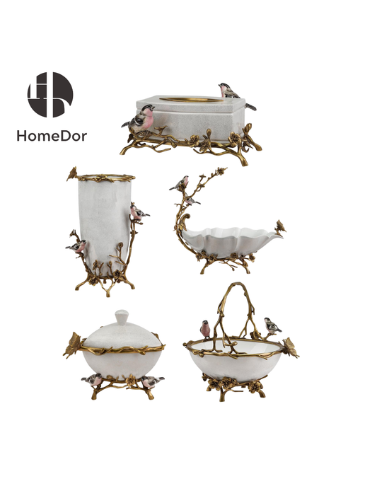 Vintage Birds Nature-Inspired Ceramic Brass Art Table Decor Set