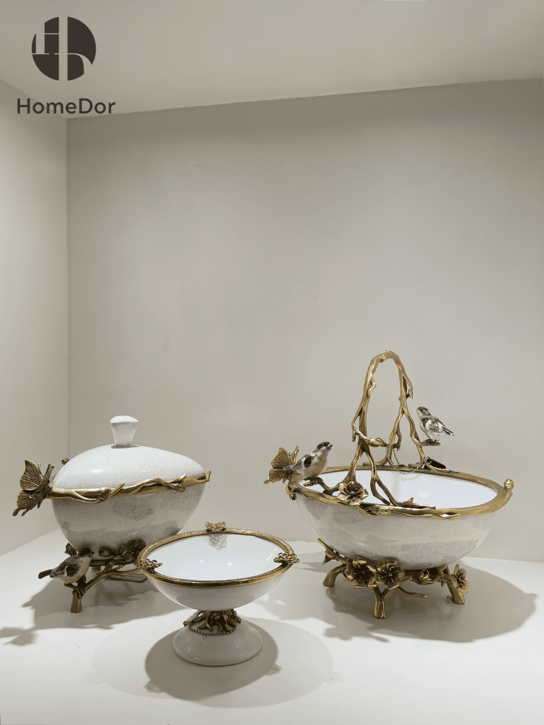 Vintage Birds Nature-Inspired Ceramic Brass Art Table Decor Set12