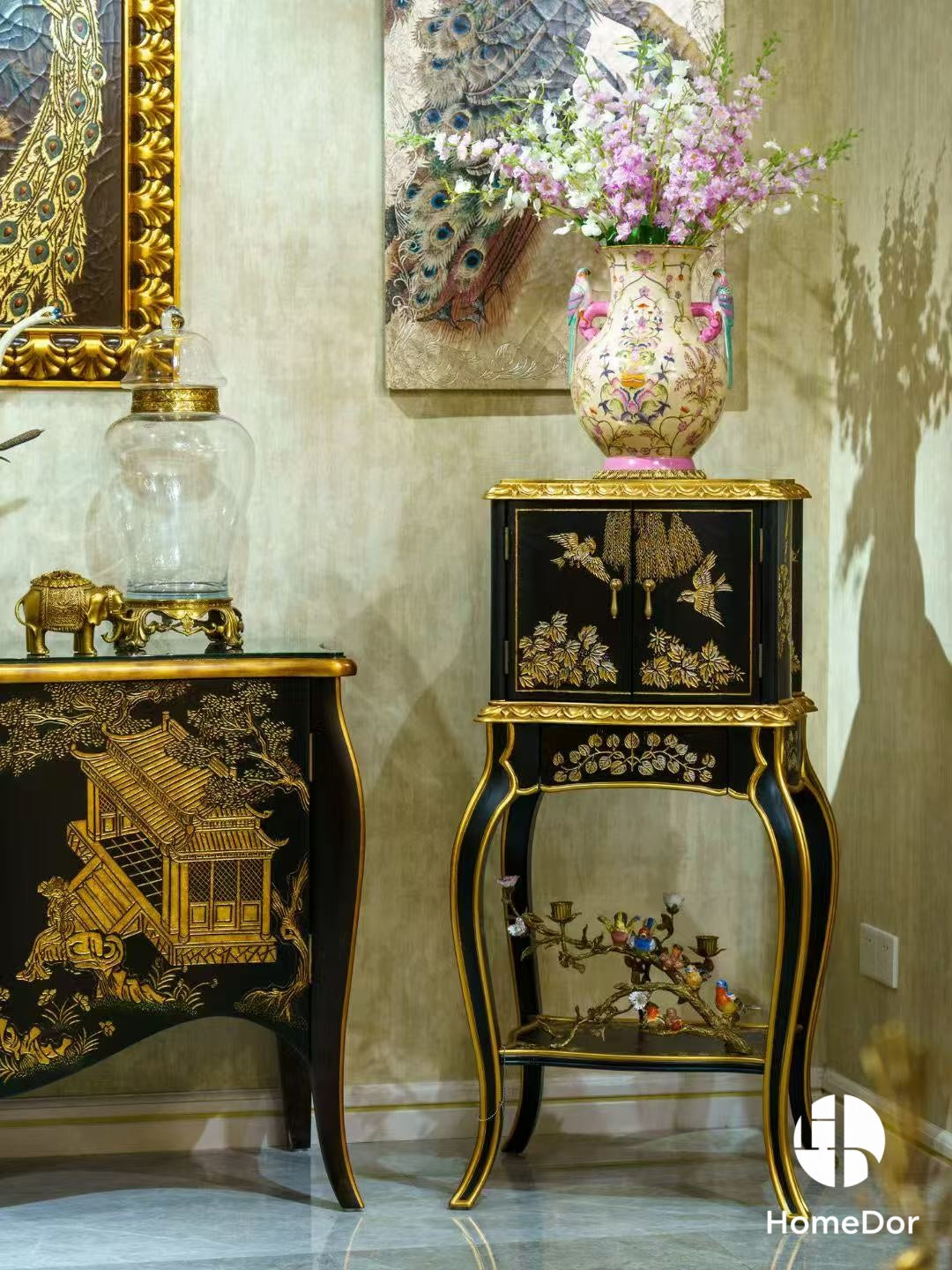 Vintage Black Lacquered Wood Golden Floral Side Cabinet4
