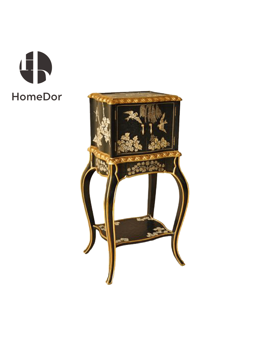 Vintage Black Lacquered Wood Side Cabinet/Pedestal with Golden Floral and Bird Inlays