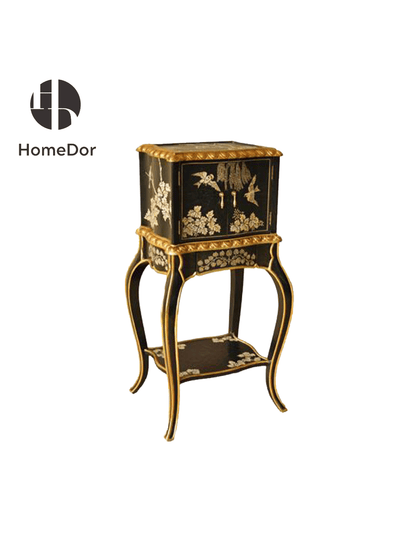Vintage Black Lacquered Wood Side Cabinet/Pedestal with Golden Floral and Bird Inlays