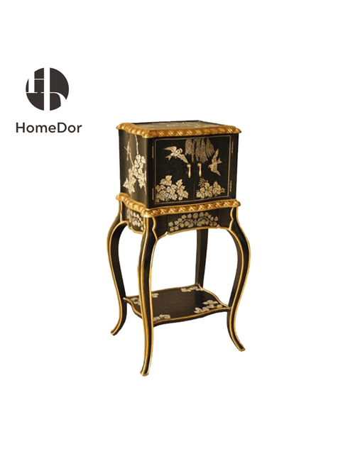 Vintage Black Lacquered Wood Side Cabinet/Pedestal with Golden Floral and Bird Inlays