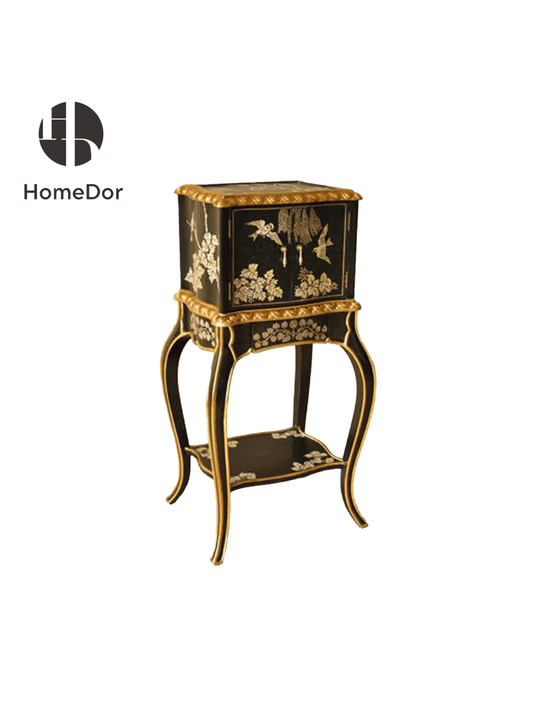 Vintage Black Lacquered Wood Side Cabinet/Pedestal with Golden Floral and Bird Inlays