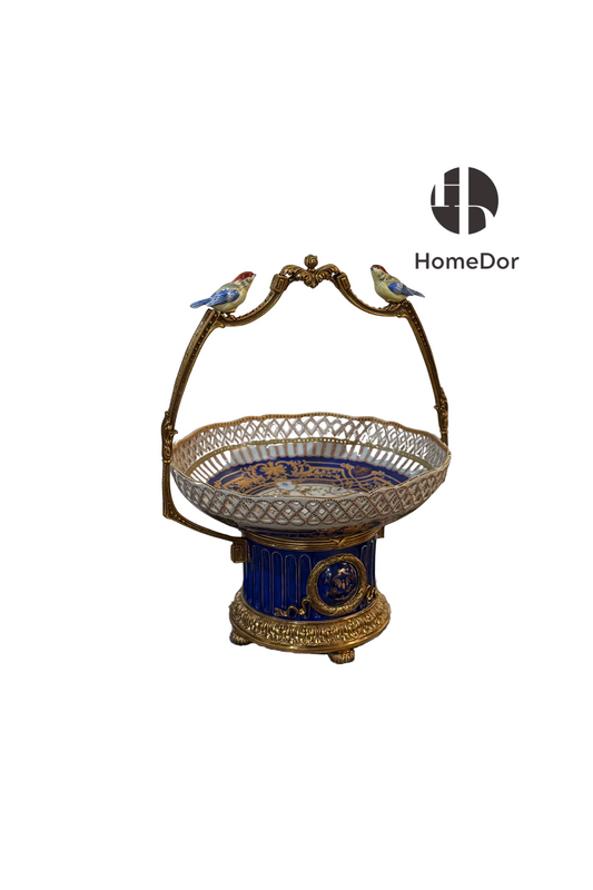 Vintage Blue Gold Bird Accent Decorative Basket