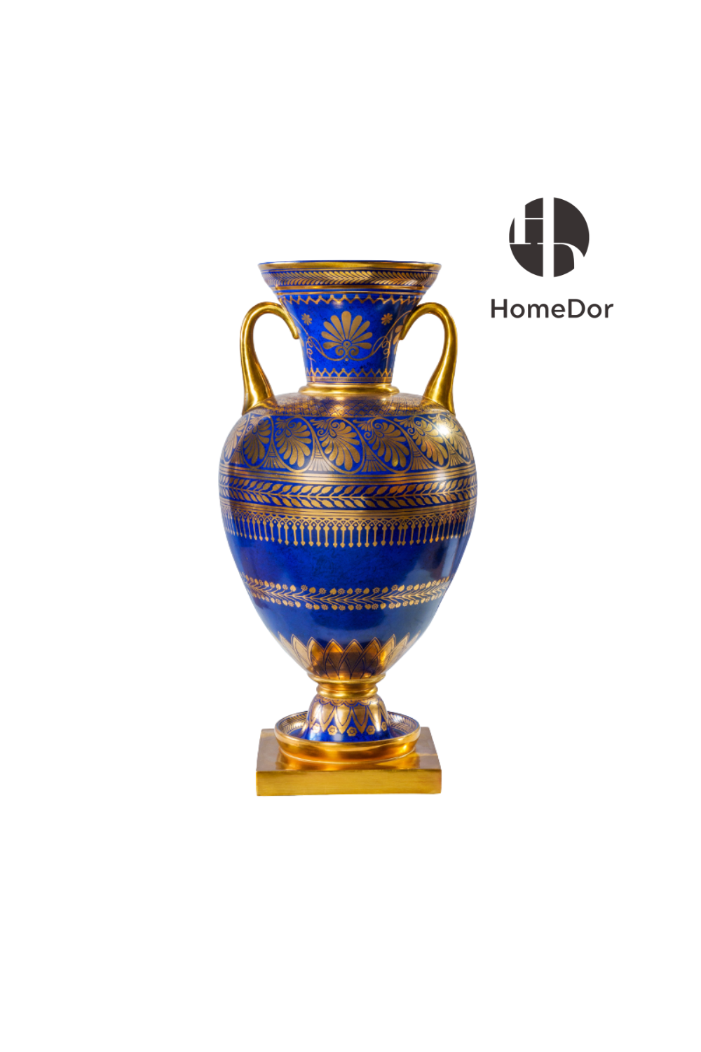 Vintage Blue Porcelain Gilt Patterned Amphora Vase