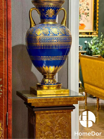 Vintage Blue Porcelain Gilt Patterned Amphora Vase
4