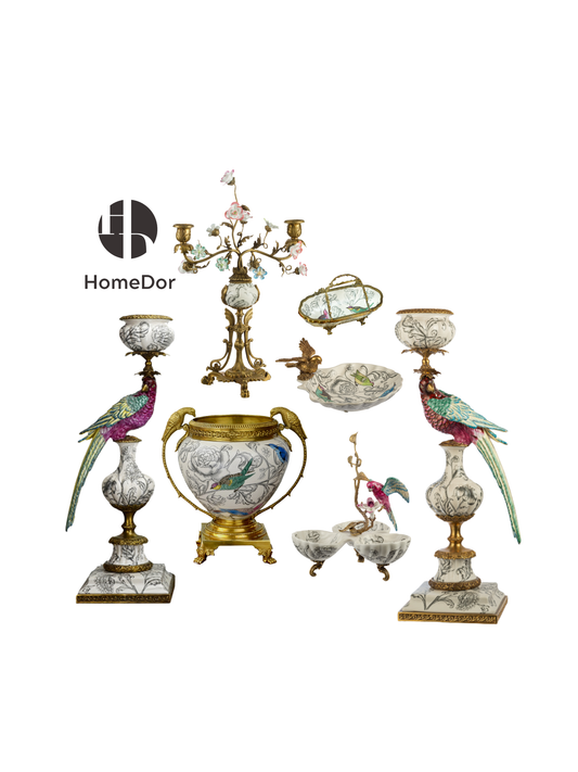 Vintage Courtly Birds Botanical Ceramic Brass Table Decor Set