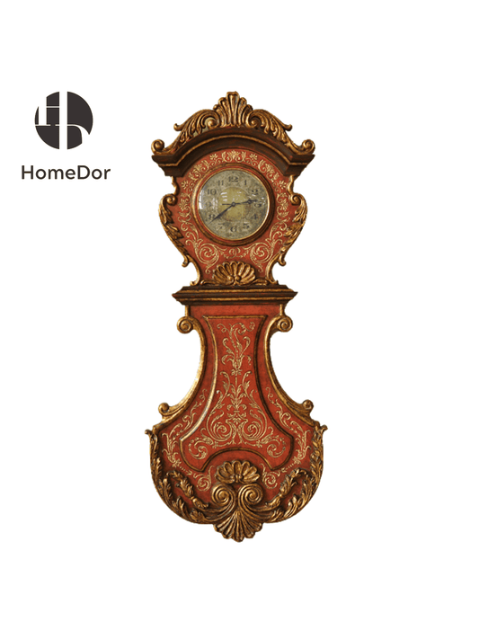 Vintage Deep Red Luxury Artistic Carved Brass Accented Wall Clock