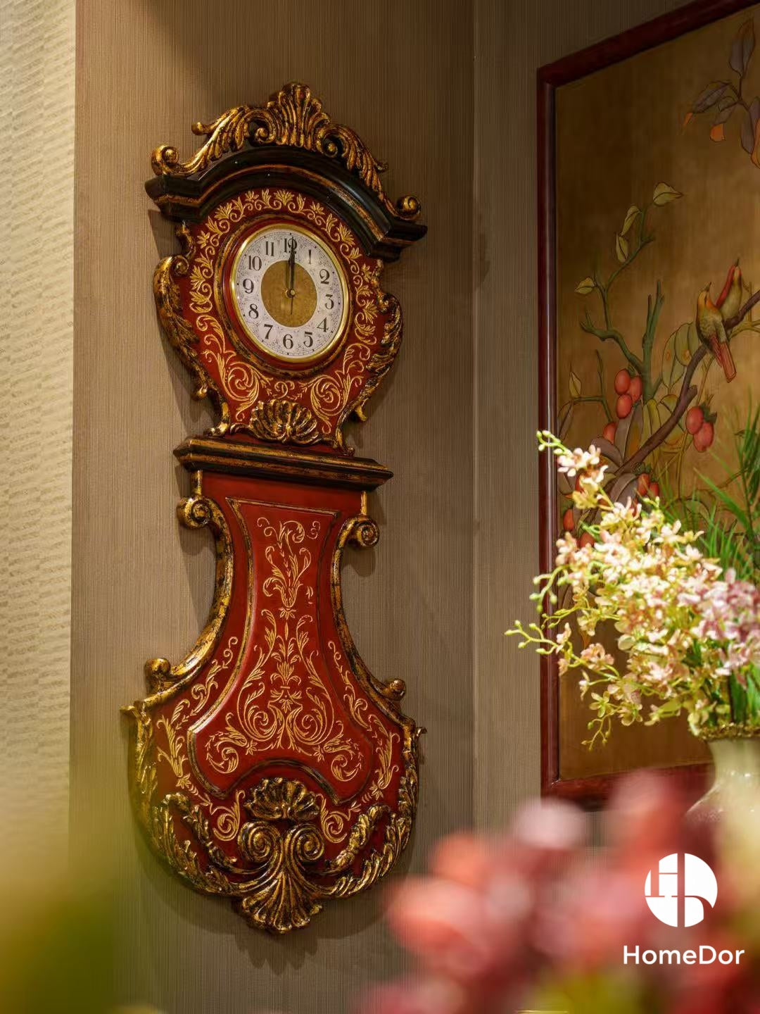 Vintage Deep Red Luxury Artistic Carved Brass Accented Wall Clock1