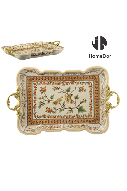 Vintage Floral Porcelain Brass Handled Tray