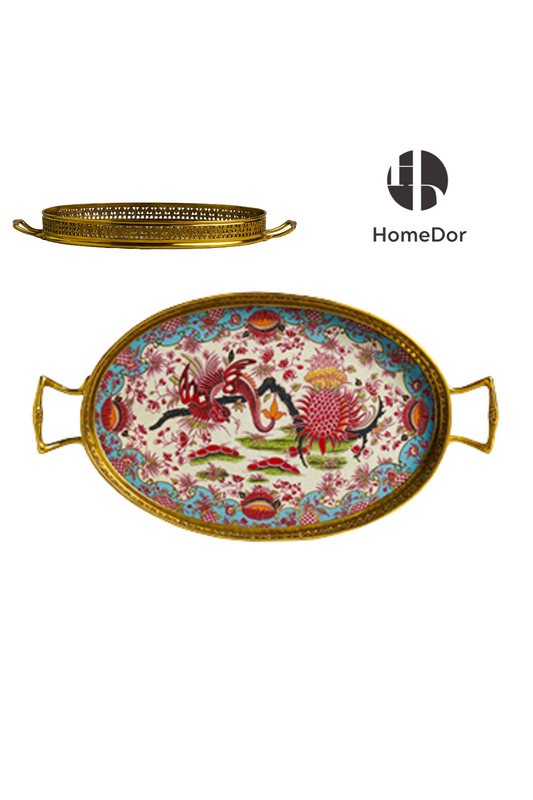Vintage Floral Porcelain Brass Trimmed Tray