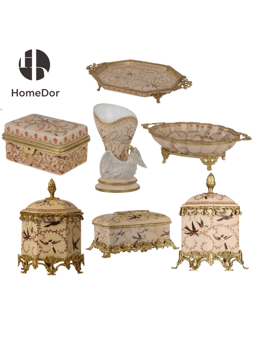 Vintage French Country Bird - Floral Porcelain Table Decor Set with  Brass Embellishments