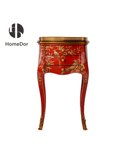 Vintage Luxury Red and Gold Side Cabinet with Intricate Bird & Floral Carvings