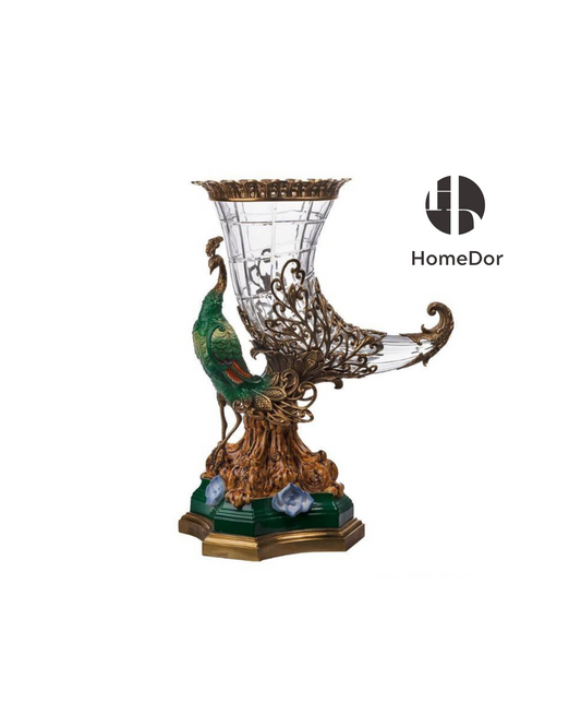 HomeDor Vintage Peacock Crystal Cornucopia Decorative Vase-Vases & Vessels-L42cm × W25cm × H51cm-