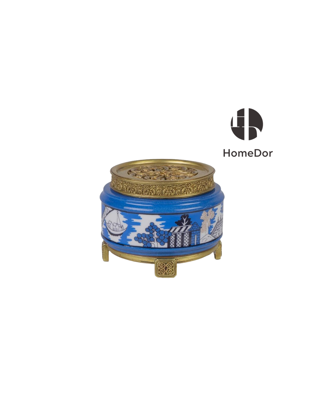 Vintage Scenery Porcelain Brass Incense Holder