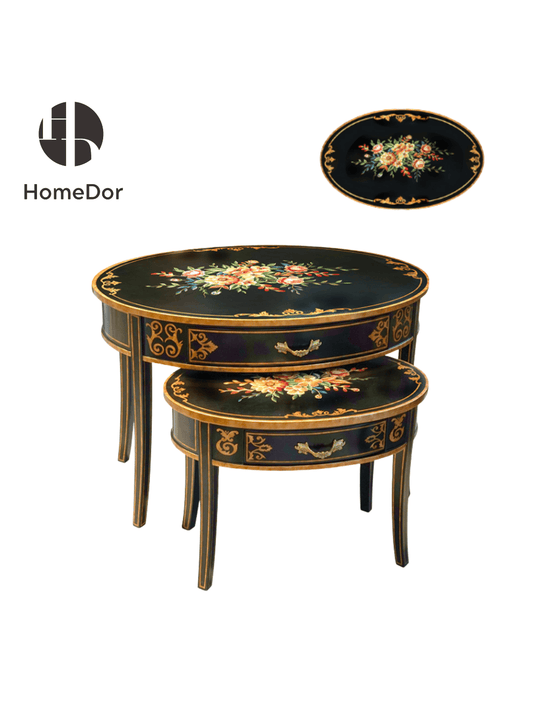Vintage Style Black Nesting Tables Set with Floral Art & Gold Accents