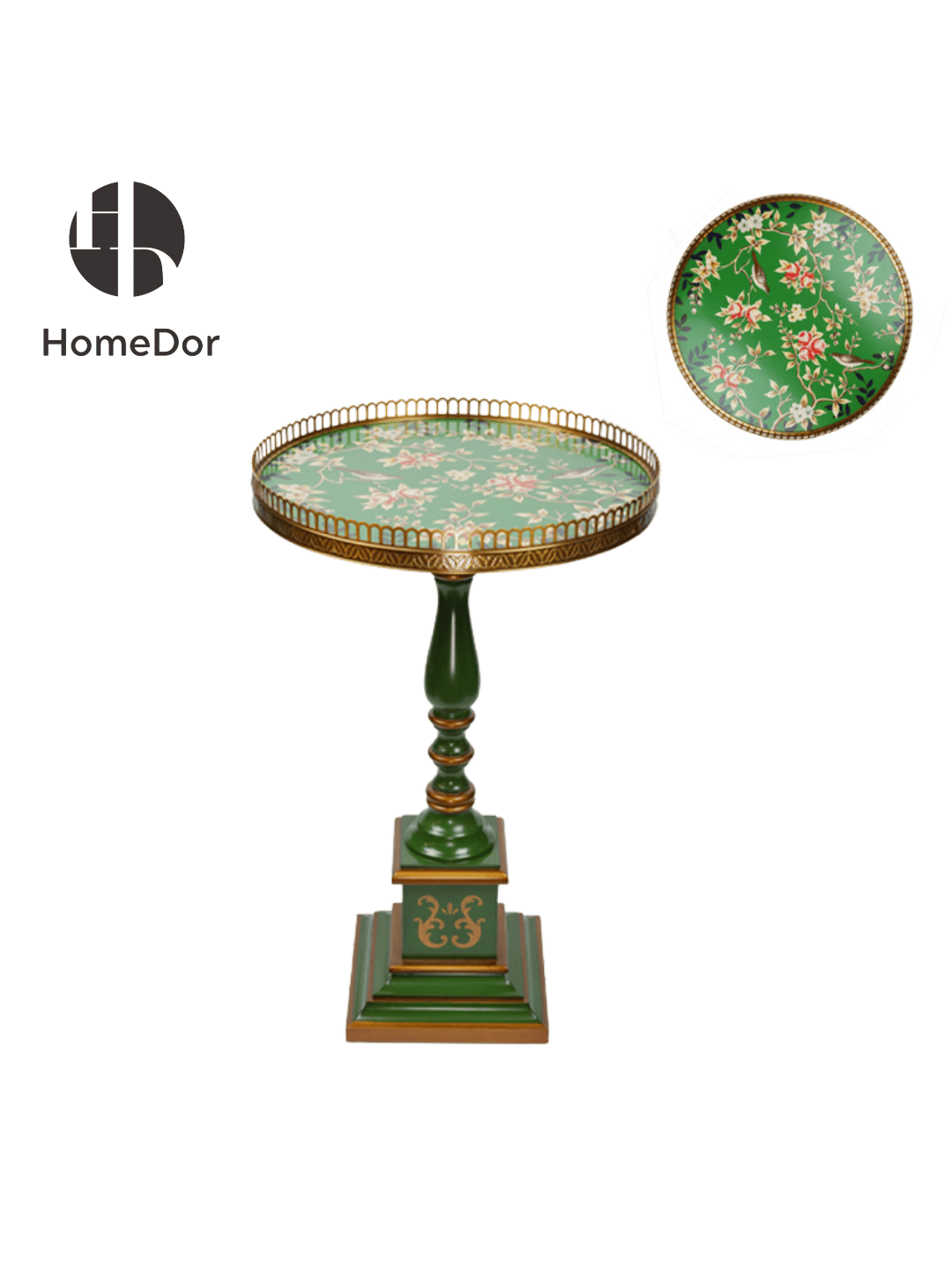 Vintage Style Green Round Tea/Coffee Table with Floral Patterns & Metal Accents