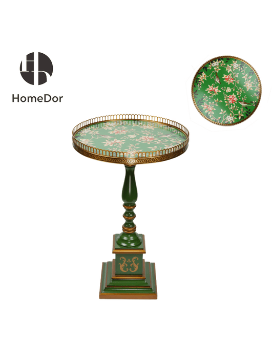 Vintage Style Green Round Tea/Coffee Table with Floral Patterns & Metal Accents