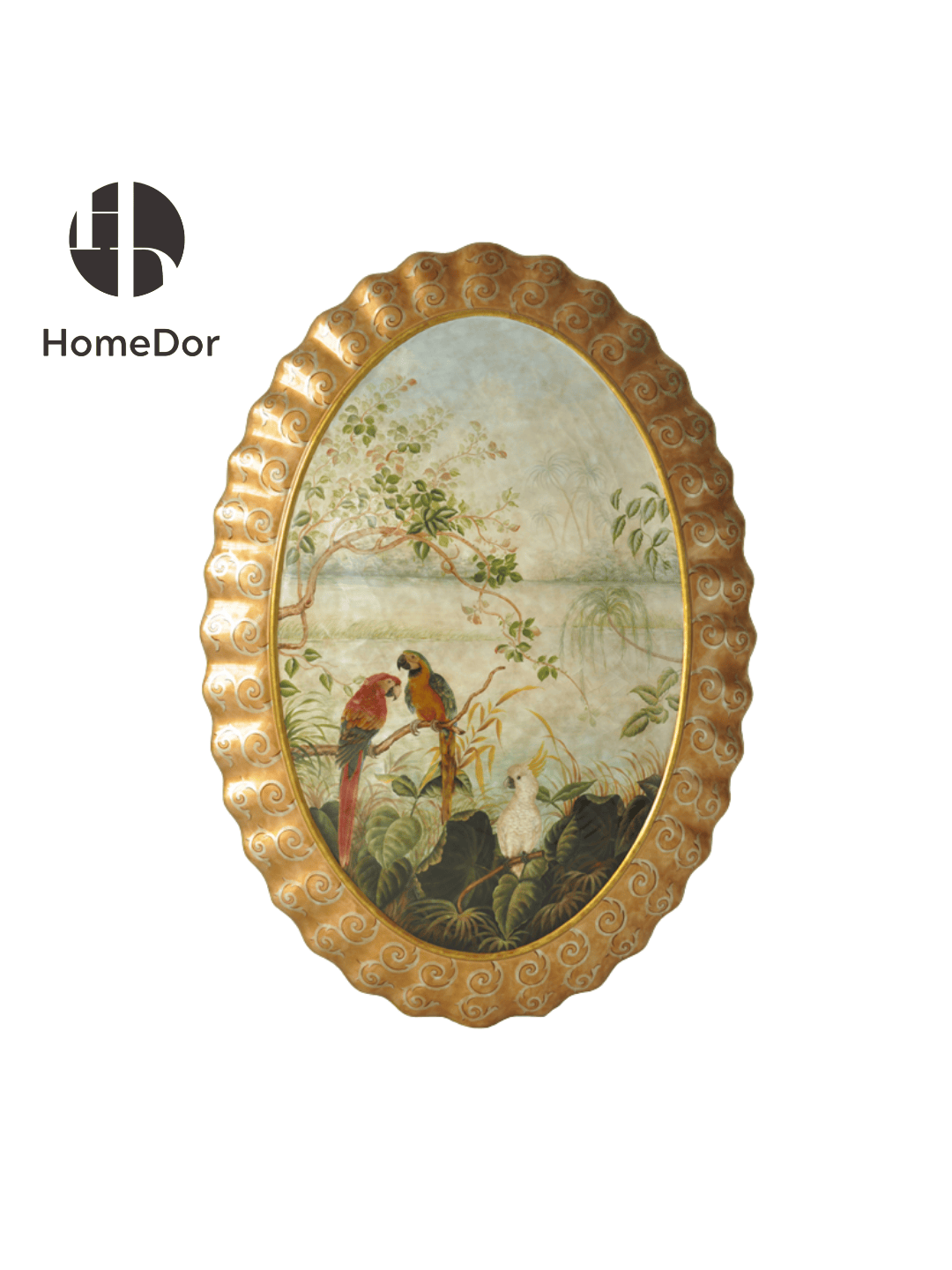 Vintage Style Wood Paneled Wall Decor with Hand Painted Parrots & Gold Scalloped Frame