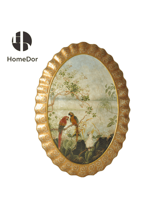 Vintage Style Wood Paneled Wall Decor with Hand Painted Parrots & Gold Scalloped Frame