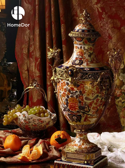 Chinoiserie Imari Floral Gilded Trophy Urn