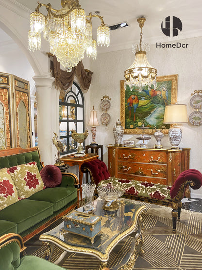 HomeDor Chinoiserie Coral Red Series Landscape Painted Console Cabinet