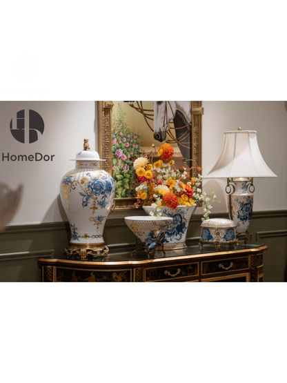 HomeDor Chinoiserie Blue and White Peony Gilded Decor Set II