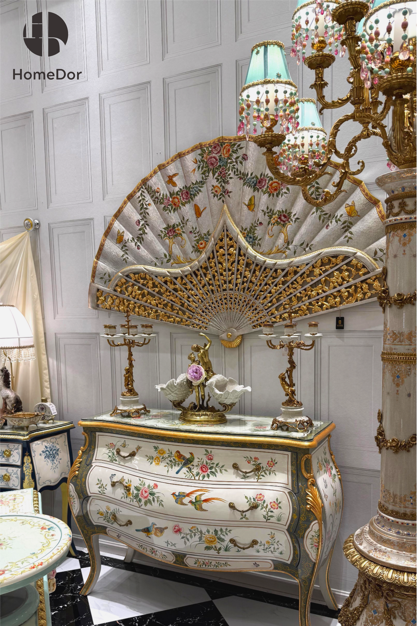 HomeDor × FH&Home | Chinoiserie Luxury Silver Foil Floral Fan Wall Art