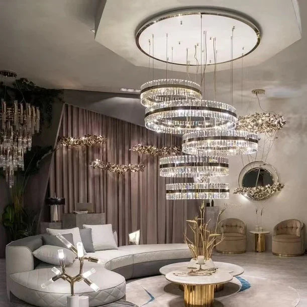 HomeDor 5-Ring Crystal Chandelier in Gold Finish