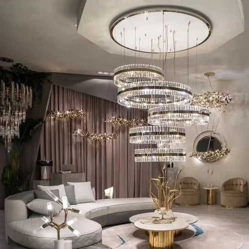 HomeDor 5-Ring Crystal Chandelier in Gold Finish