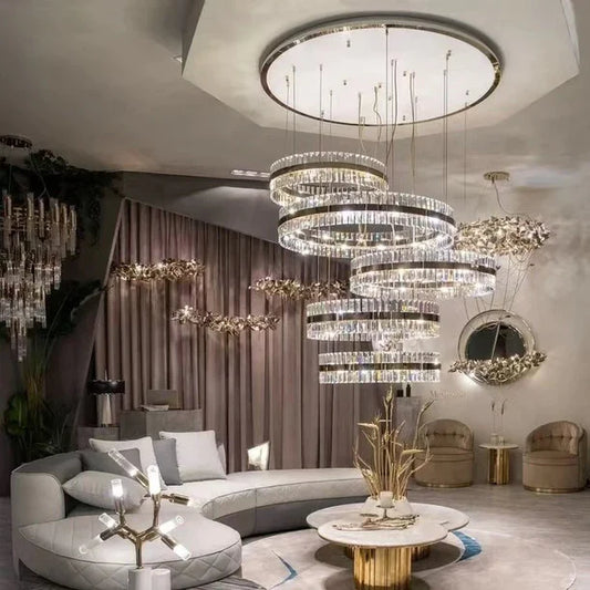 HomeDor 5-Ring Crystal Chandelier in Gold Finish