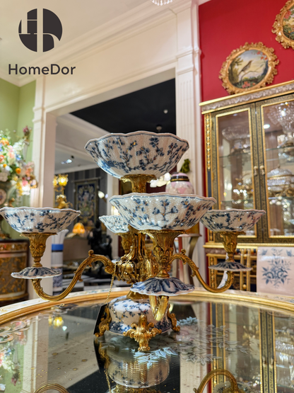 HomeDor Luxury Green & Blue Botanical Porcelain Multi-Tier Snack Stand