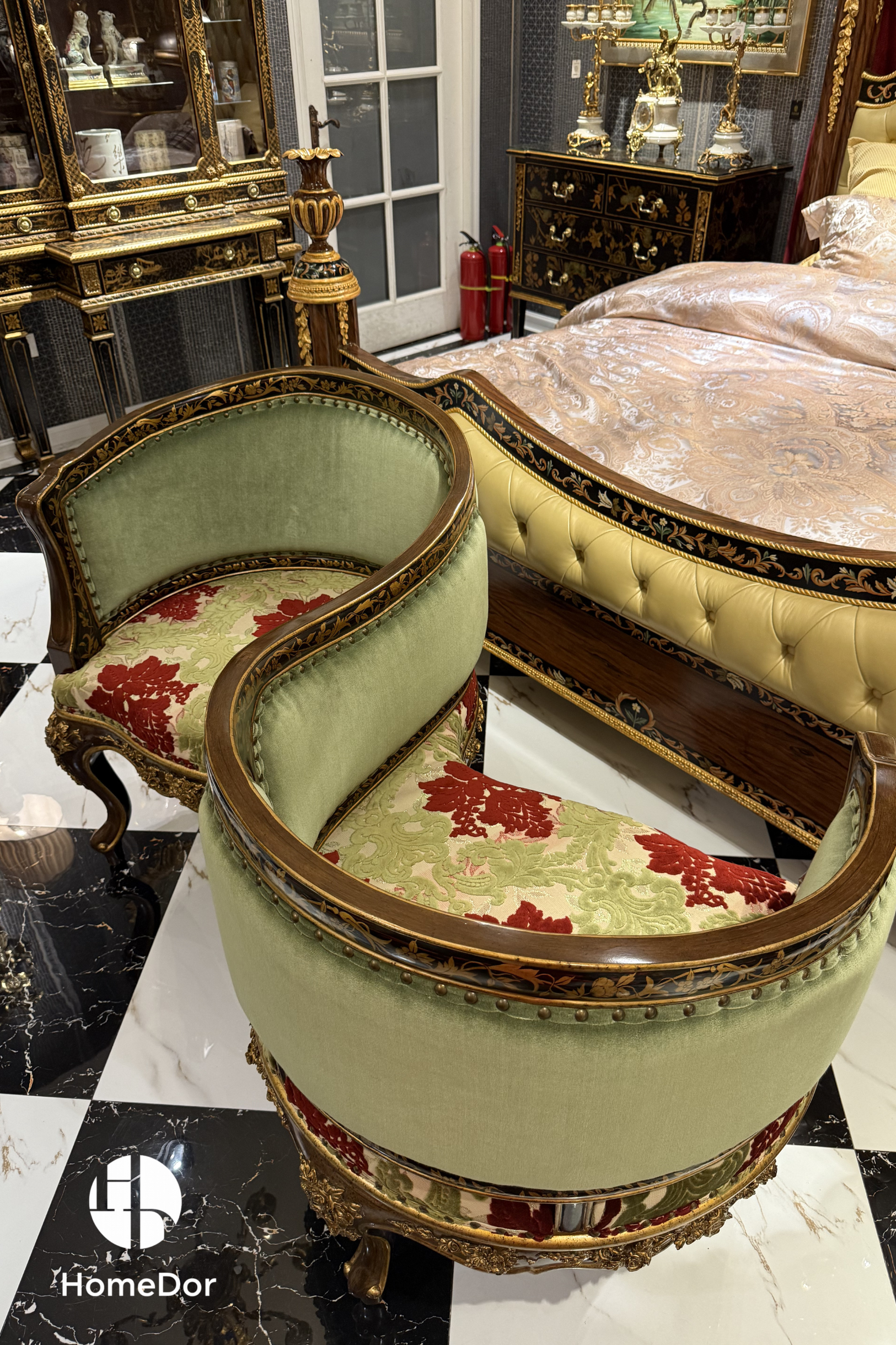 HomeDor HomeDor × FH&Home | Vintage French S-Shaped Double Conversation Love Chair-Lounge Chairs-L148cm × W76cm × H84cm-