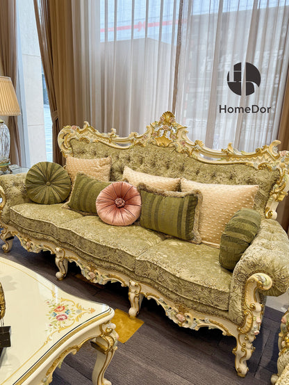 طقم أريكة رويال فرينش روز من خشب الماهوجني الأخضر الجنّي المنحوت يدوياً من هوم دور × إف إتش آند هوم