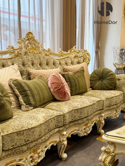 طقم أريكة رويال فرينش روز من خشب الماهوجني الأخضر الجنّي المنحوت يدوياً من هوم دور × إف إتش آند هوم